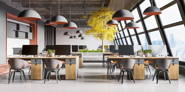 Area di lavoro in interni moderni open office workspace 3d rendering