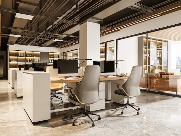 Working area in modern interior open office workspace 3d rendering