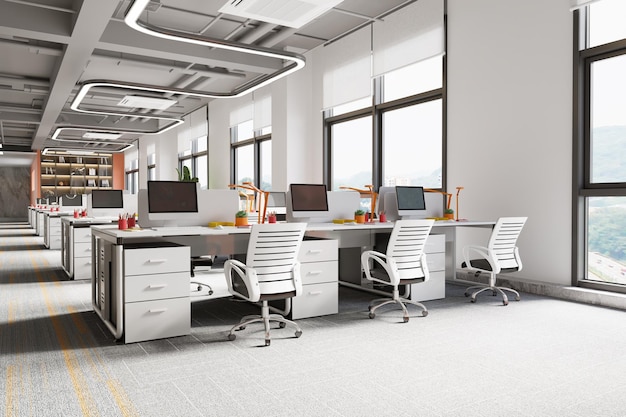 Рабочая зона в современном интерьере Open Office Workspace 3d Rendering