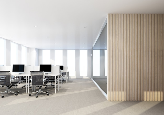 Photo working area in modern office with carpet floor and meeting room. interior 3d rendering