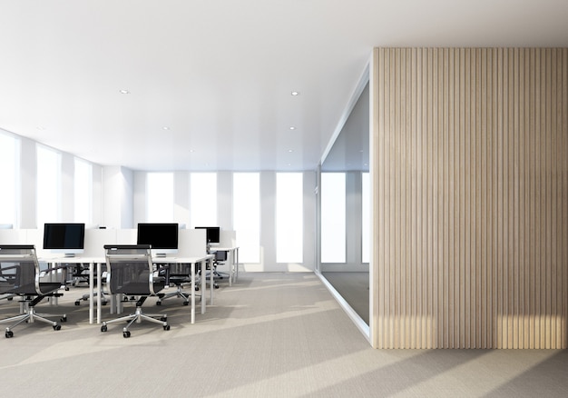 Area di lavoro in un ufficio moderno con pavimento in moquette e sala riunioni. rendering 3d di interni