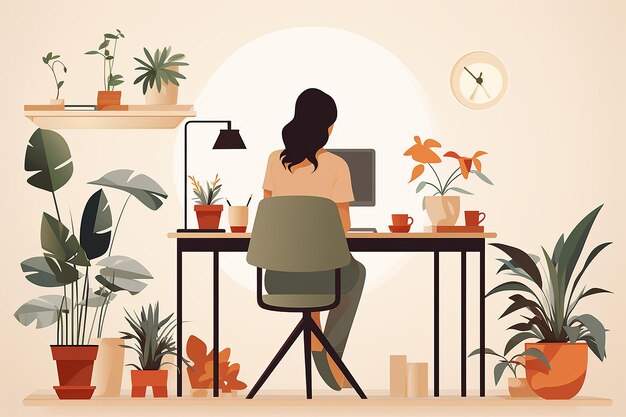 Photo working business woman flat design vector minimal background