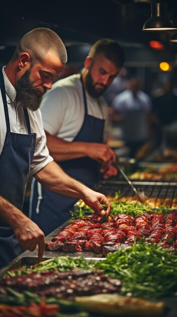 Working chefs prepare beef steak inside a contemporary professional kitchen