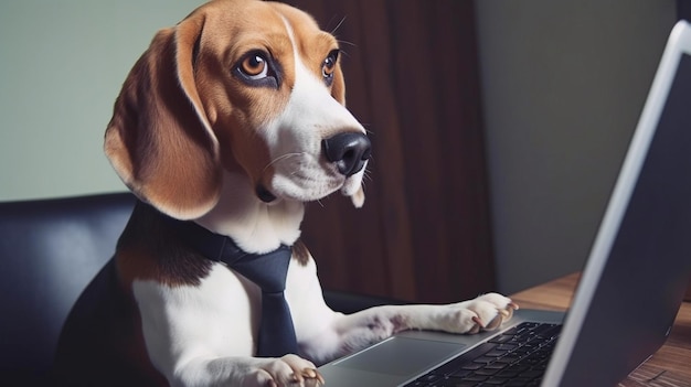Working on a computer Generative AI a beagle dog in a business suit