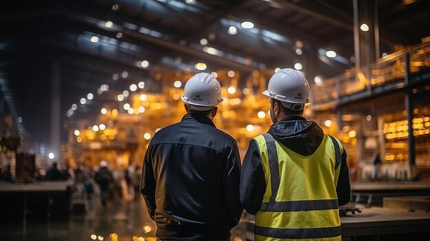 Working on a computer notebook on import export investment technologies are two foremen wearing white safety gear