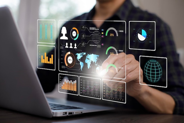 Photo working data analytics and data management systems and metrics connected to corporate strategy database for finance intelligence business analytics with key performance indicators social network