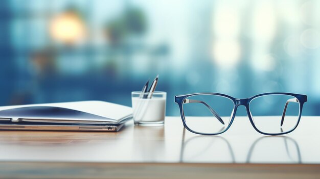 Photo working desk background with glasses