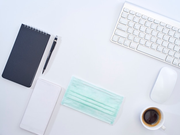 Working desk with protective mask.