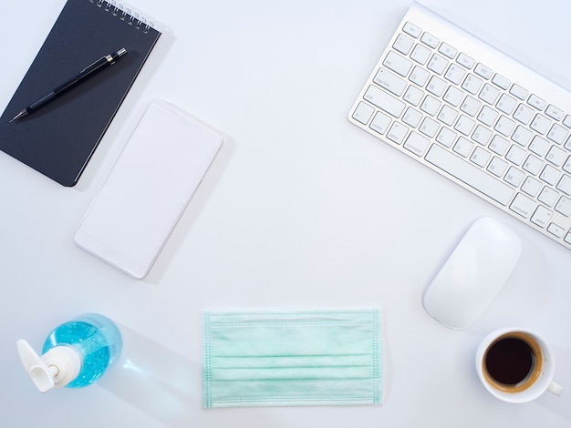 Working desk with protective mask.