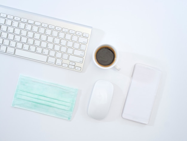 Working desk with protective mask.