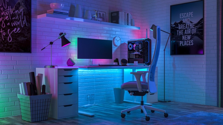 Photo working desktop surrounded by colored led lights 3d render