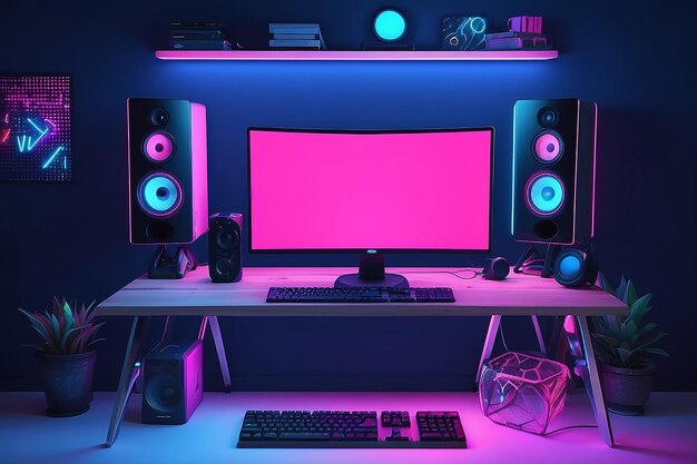 Working desktop surrounded by colored led lights