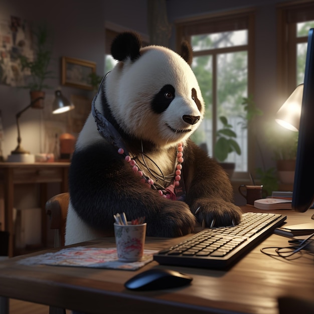 Работая усердно на компьютере, панда занимается дизайнерскими задачами