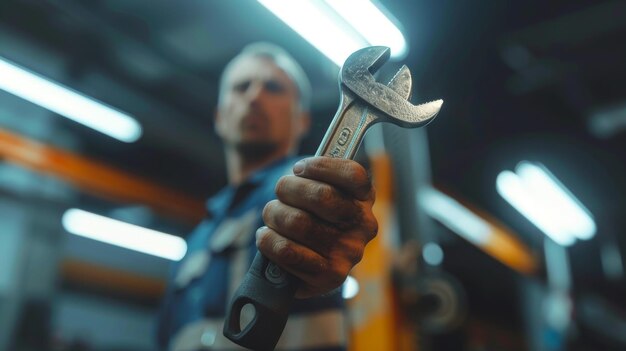 Working in the garage is an auto mechanic with a wrench performing repairs on the car