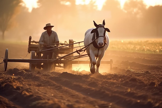 Photo working horse on the background of the wheat field of the farm