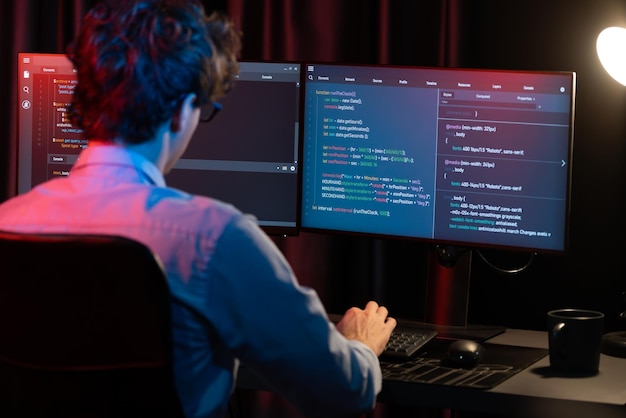 Работающий IT-разработчик, концентрирующий онлайн-программное обеспечение в комнате с неоновым освещением Gusher