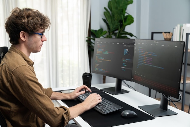 working it developer with stressful overworked in creating online software development coding on pc screen thinking program for latest version application on website project at modern office gusher