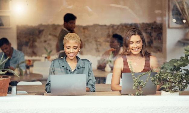 Working laptop and business women in cafe window for remote work freelance career and research Thinking inspiration and female workers with computer for project ideas report and typing email