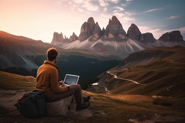 Lavorare su un laptop durante un viaggio in montagna realizzato con l'ia generativa