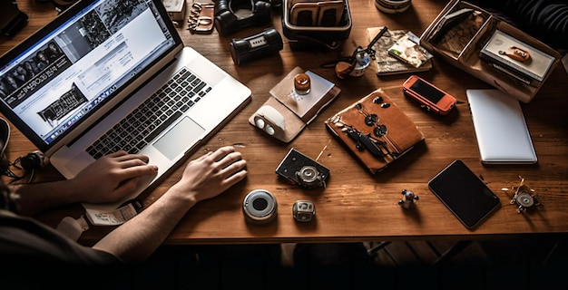 Working on laptop with other items on the table