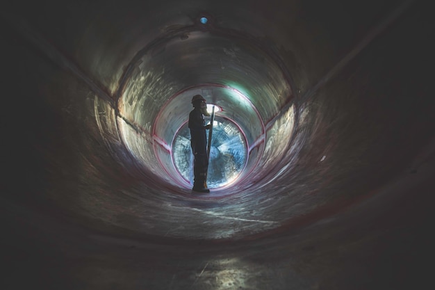 Working male inspection weld underground of tank equipment tunnel By using the flashlight in side confined.