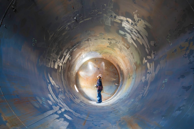 Working male inspection weld underground of tank equipment tunnel By using the flashlight in side confined.