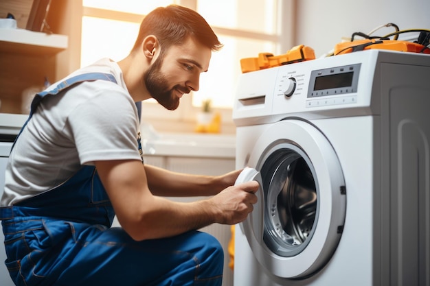 Photo working man plumber repairs washing machine in laundry