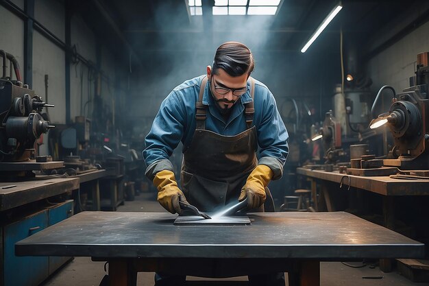 Photo working in a metal workshop while grinding a big piece of metal plate