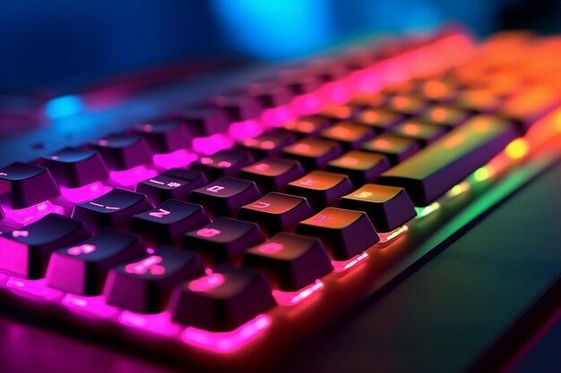 Working on a neon computer keyboard with colored backlight Generative Ai