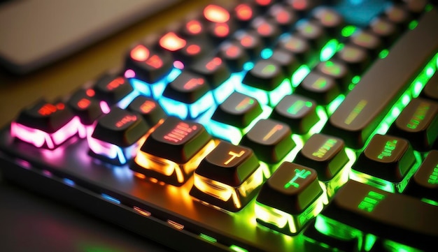 Working on a neon computer keyboard with colored backlighting Computer video games hacking technology internet concept Selected focus Generate Ai