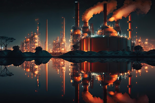 Работающий нефтеперерабатывающий и химический завод на берегу водохранилища в ночном свете создается нефтеперерабатывающий комплекс