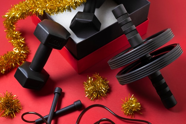 Photo working out equipment with christmas theme and decorations