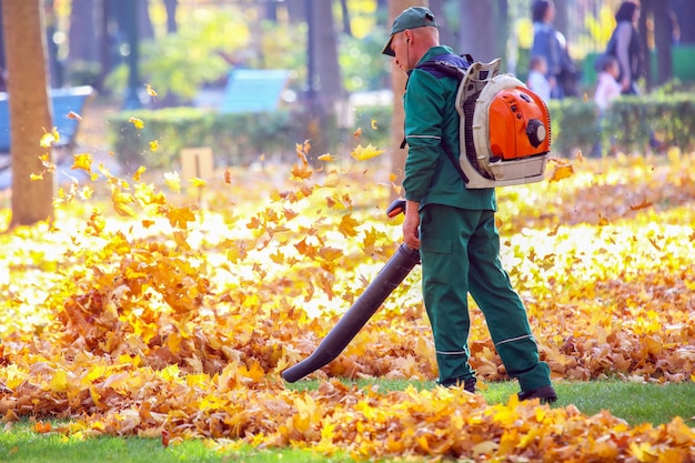 公園で働くことは送風機で紅葉を取り除きます