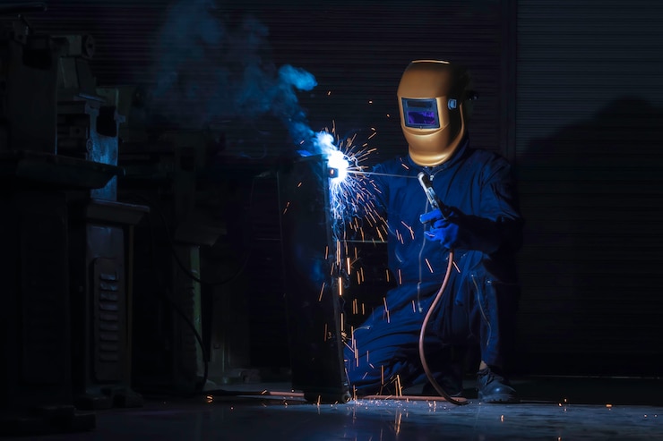 Photo working person welder steel using electric welding machine