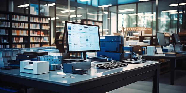 Working place with computers and books on the table in the modern office