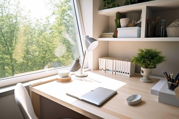 Working place with laptop coffee cup and bookcase on the windowsill