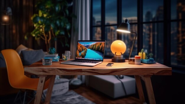 Working place with laptop and computer on a wooden table