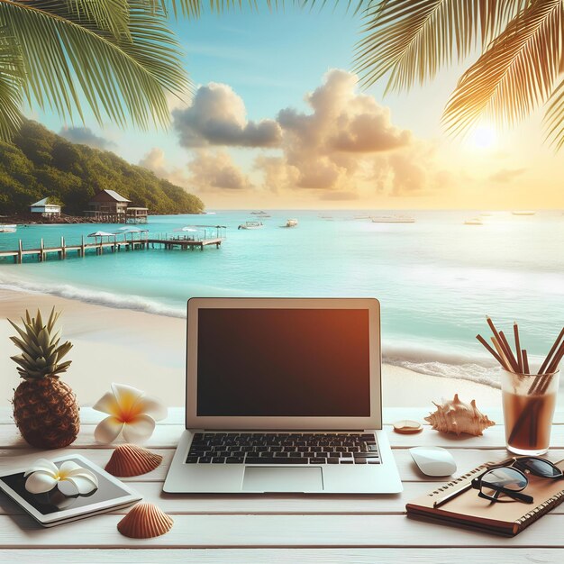 Foto posto di lavoro con laptop d'argento su un tavolo di legno bianco su una bella spiaggia tropicale estiva