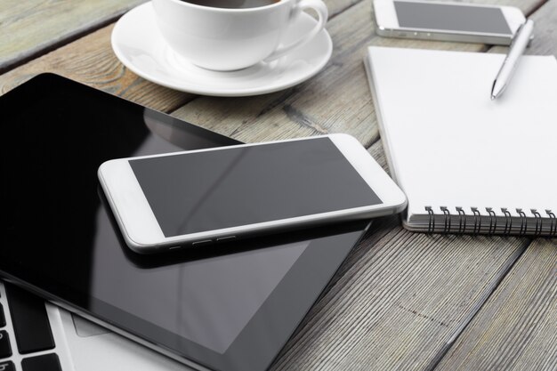 Photo working place, wooden table