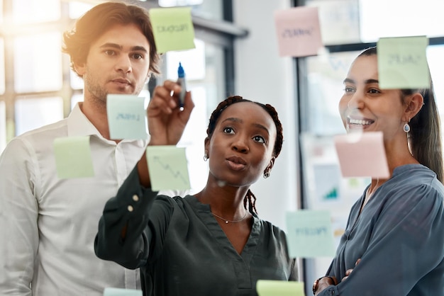 Foto pianificazione post-it di lavoro e collaborazione al lavoro di squadra con le note di un team di lavoro d'ufficio strategia aziendale pianificazione aziendale o moodboard di marketing del personale con diversità impegnato in un progetto di lavoro