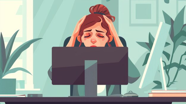 Working under pressure stressed at the workplace Businesswoman sitting at her desk and staring at her computer monitor flat illustration