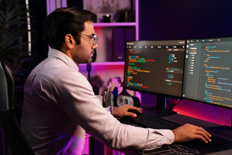 Photo working smart it developer analyzing data software development on pc surmise