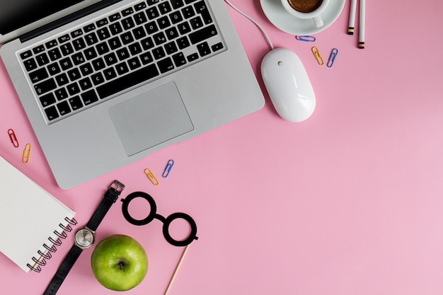 Working Space Business Freelance Concept Top View Above Flat Lay Laptop. Pink Background.