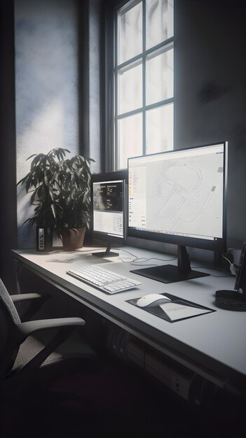 Working space with computer and graphic tablet on table in dark room