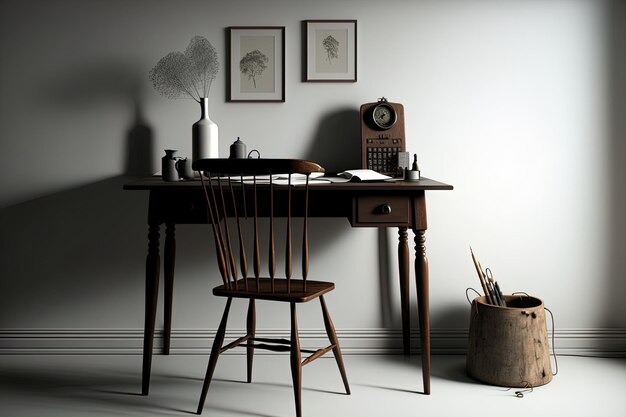 Working table and decorative wooden chair in the white room