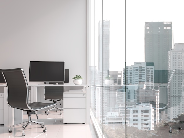 A working table located by the window 3d render Large windows look out to see the city view