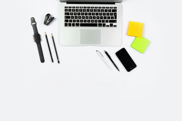 Working table top view, flat lay. 