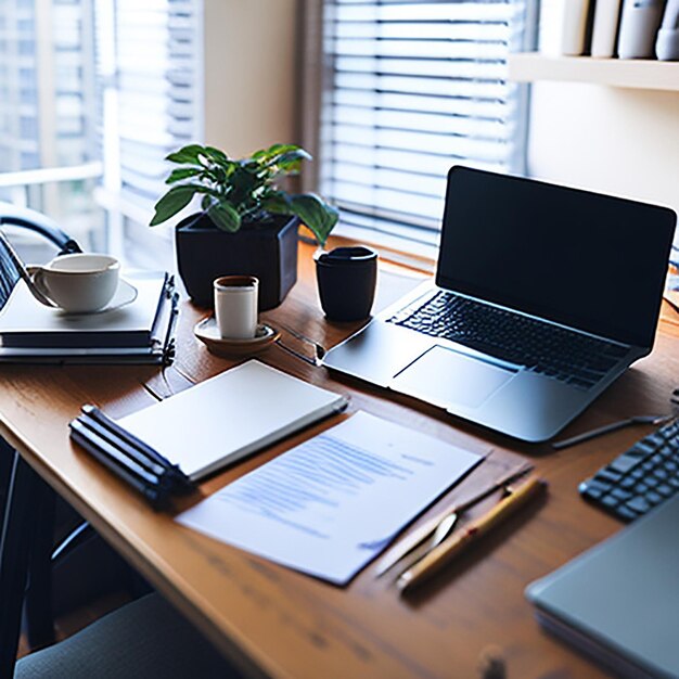 Photo working table with laptop coffee and documents in home interior