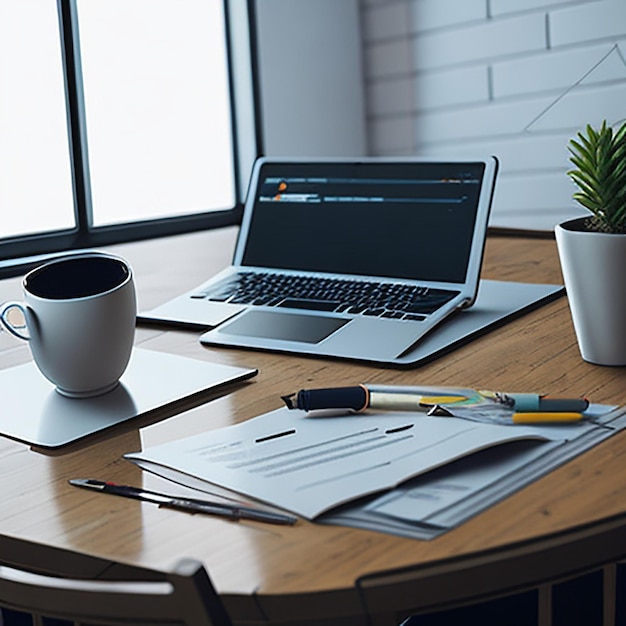 Working table with laptop coffee and documents in home interior