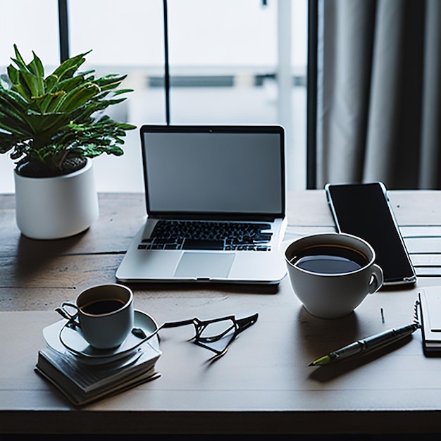 Working table with laptop coffee and documents in home interior